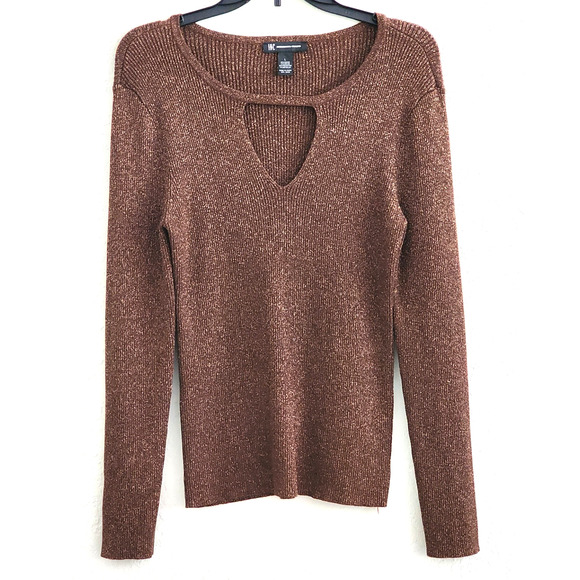 TOP/KNIT-INC-INTERNATIONAL CONCEPTS-Brown-Gold Metallic-Keyhole-Long Sleeve-L - Picture 1 of 12